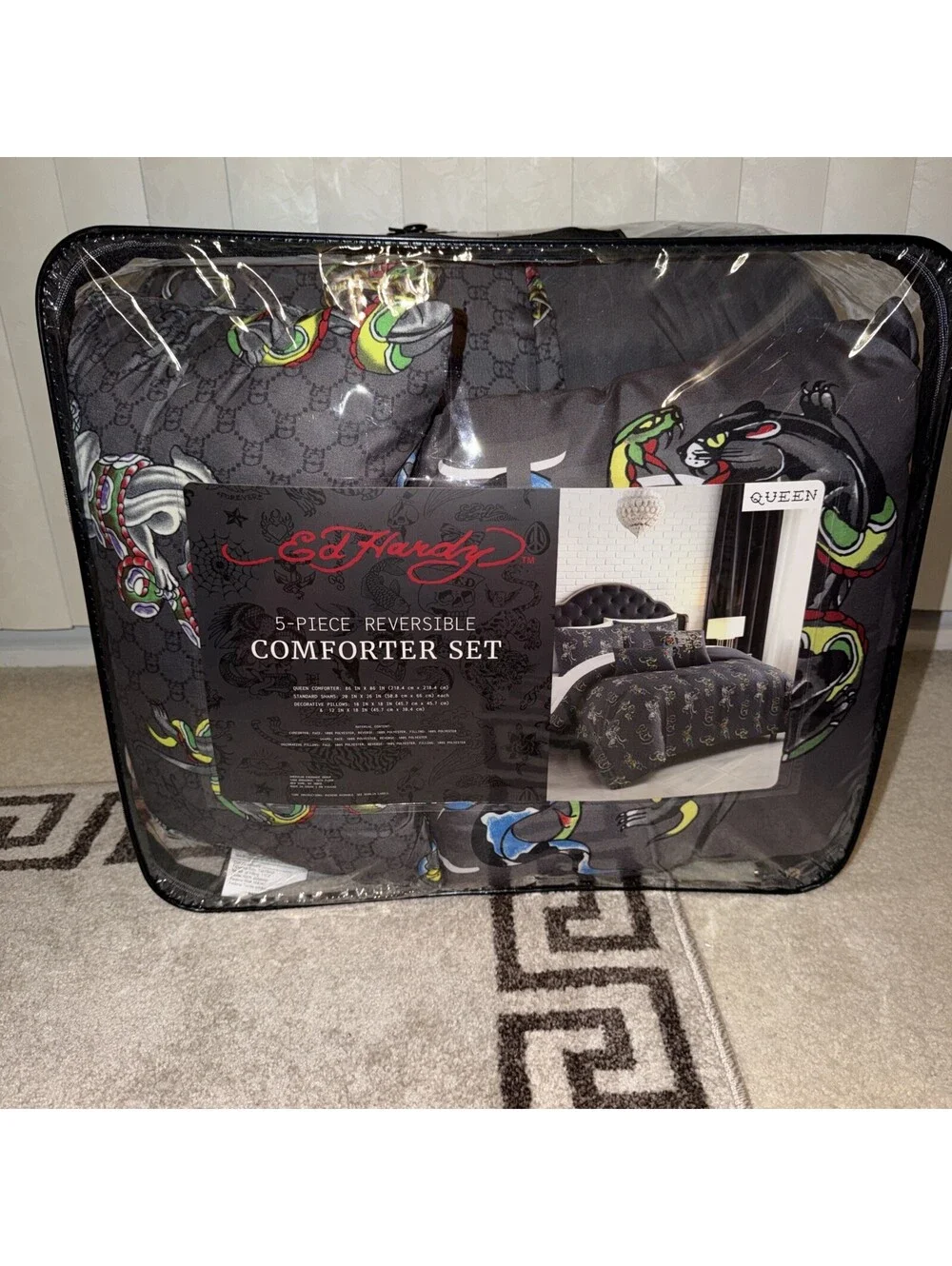 Ed Hardy 8pc Queen Comforter Set Dark Gray Dragon snake ED Print NWT